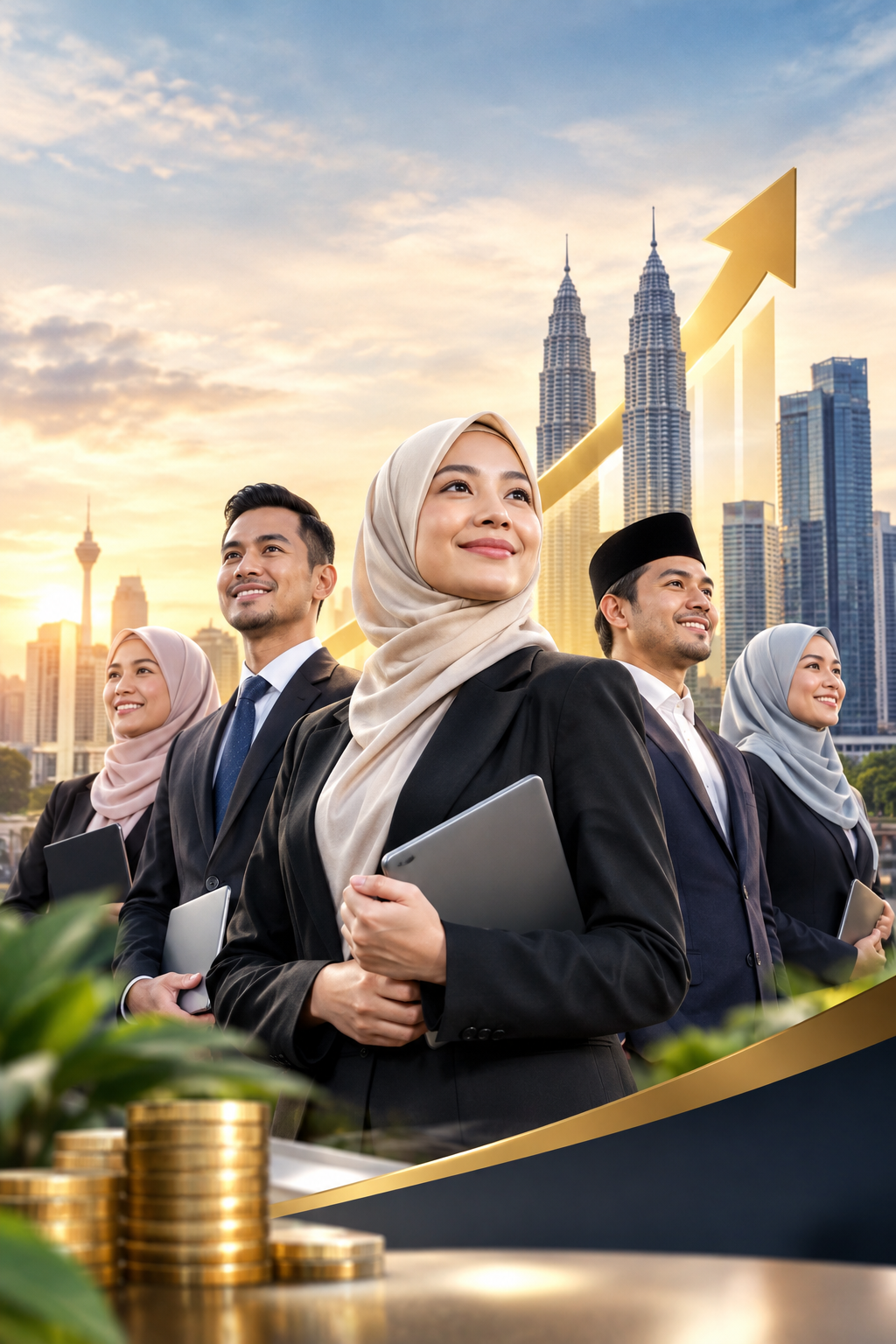 Caliph Group's financial professionals with the Kuala Lumpur skyline and growth arrow