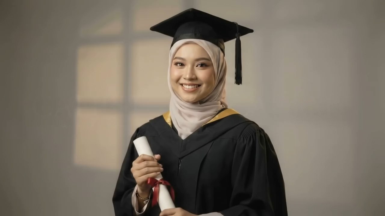 A Caliph Academy graduate in cap and gown holding her diploma