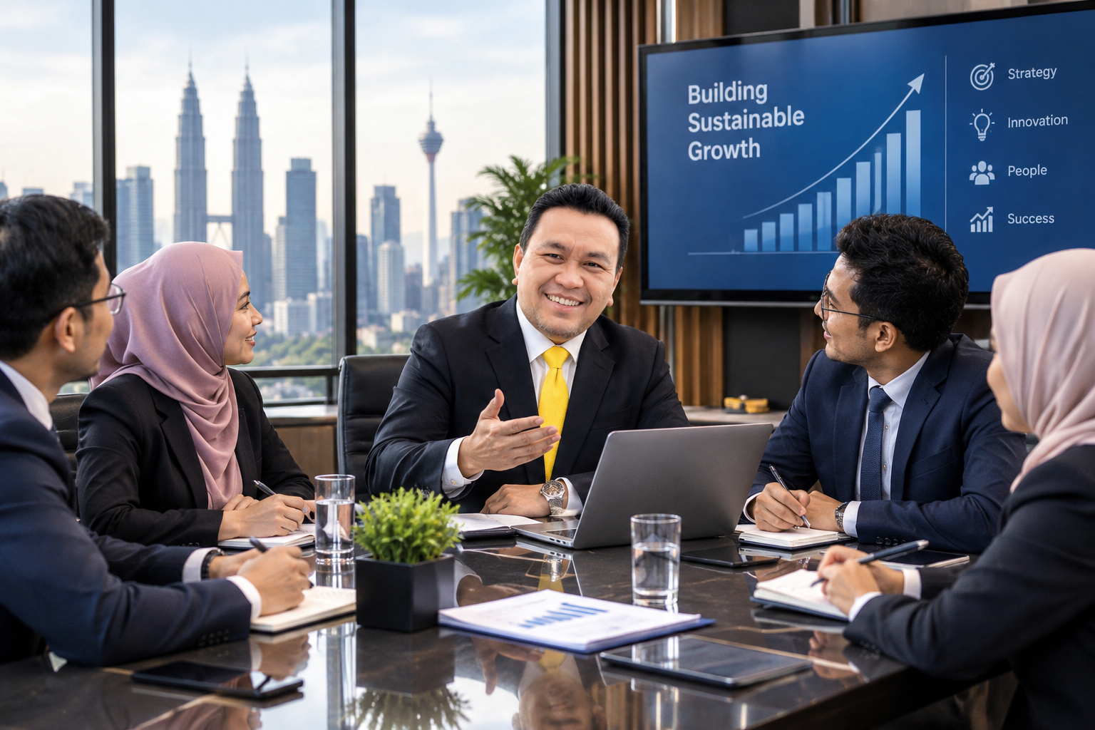 Business owners in a boardroom planning sustainable growth with the KL skyline behind