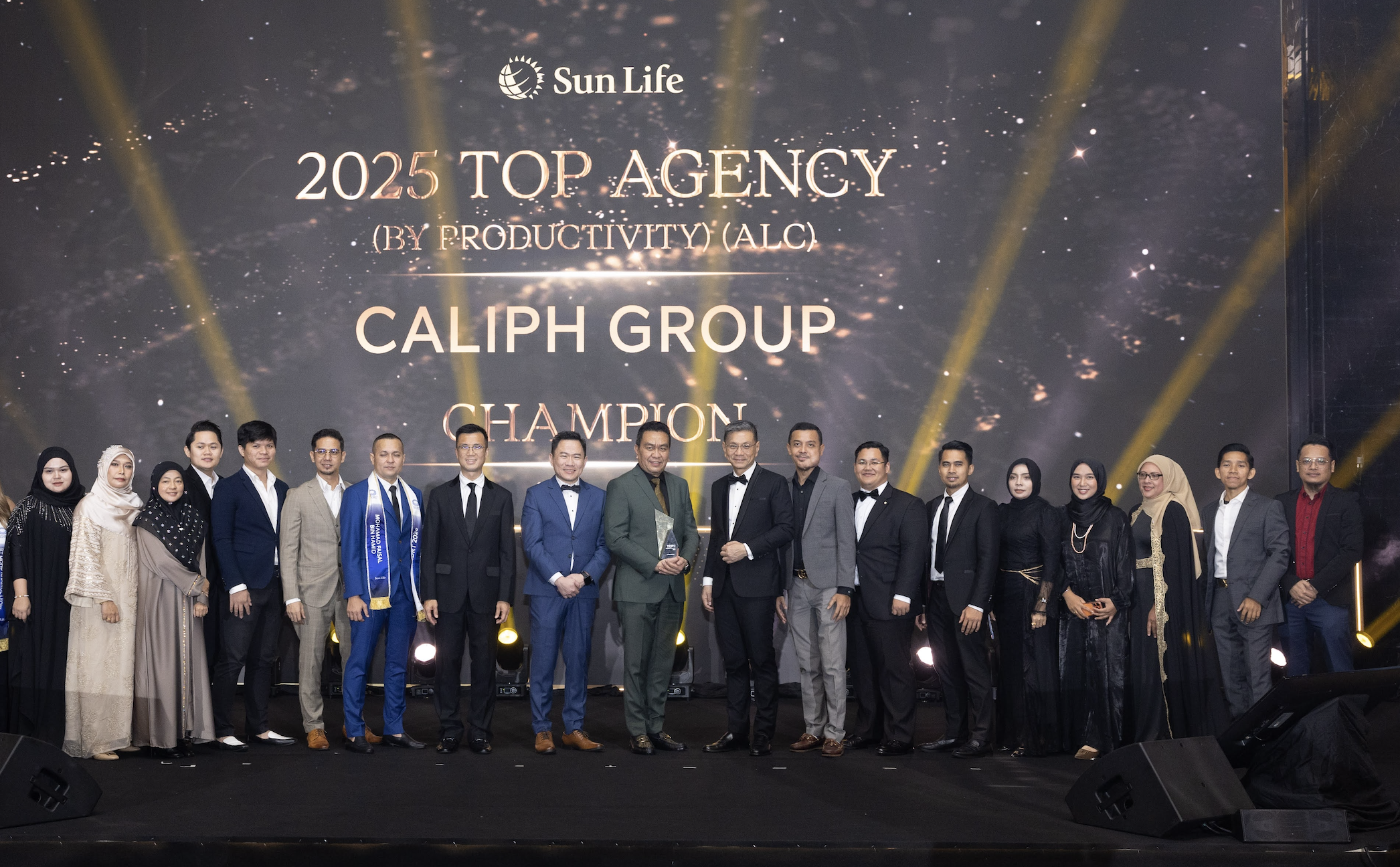 Caliph Group on stage as Champion — 2025 Top Agency by Productivity (ALC), Sun Life Malaysia
