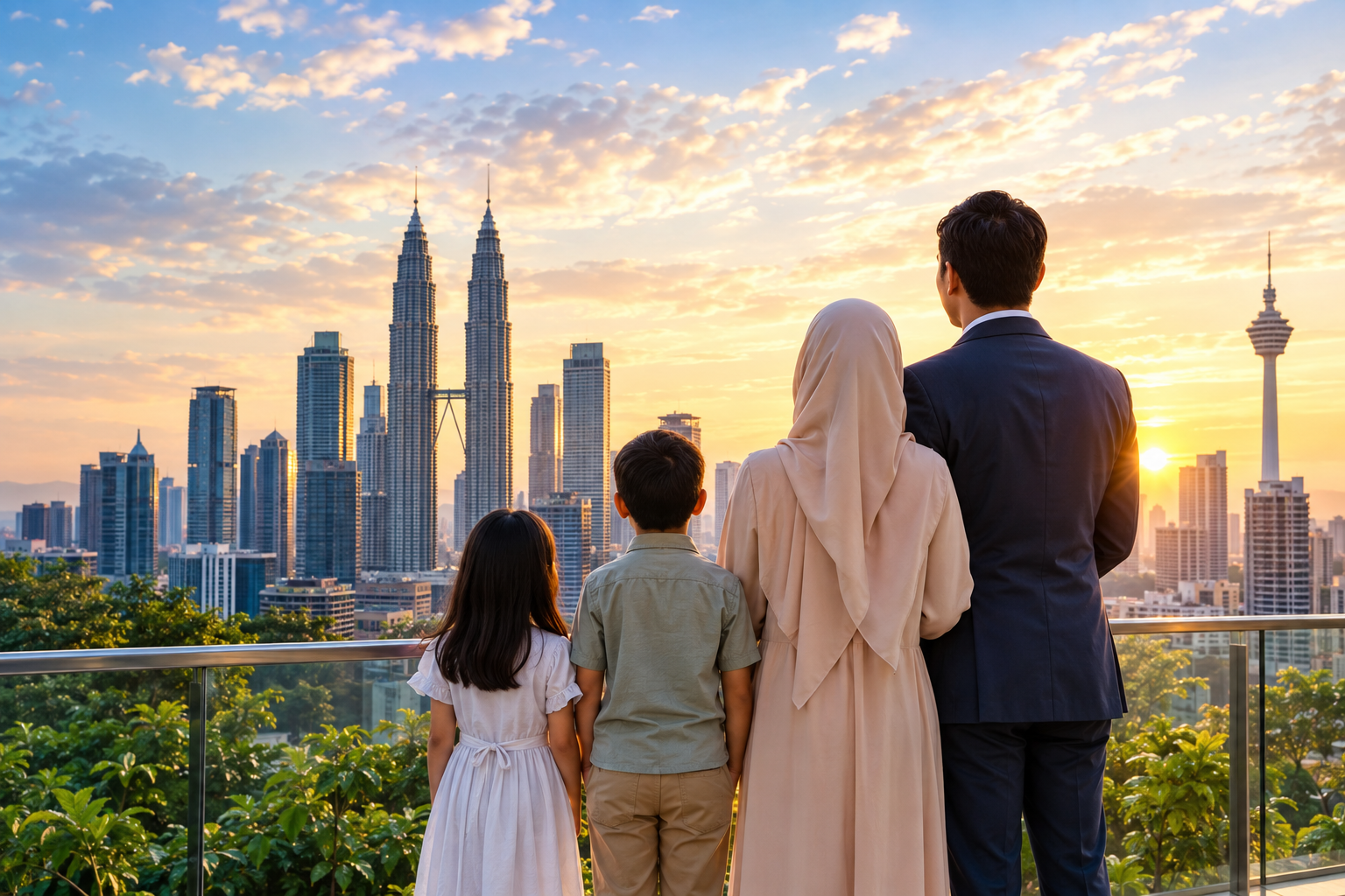 A Malaysian family looking out over the Kuala Lumpur skyline at sunset