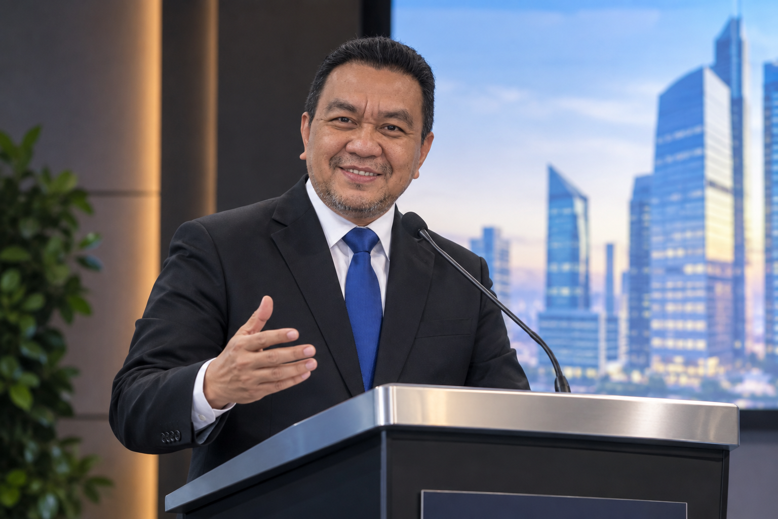 Caliph Group leader speaking at a podium with the city skyline behind