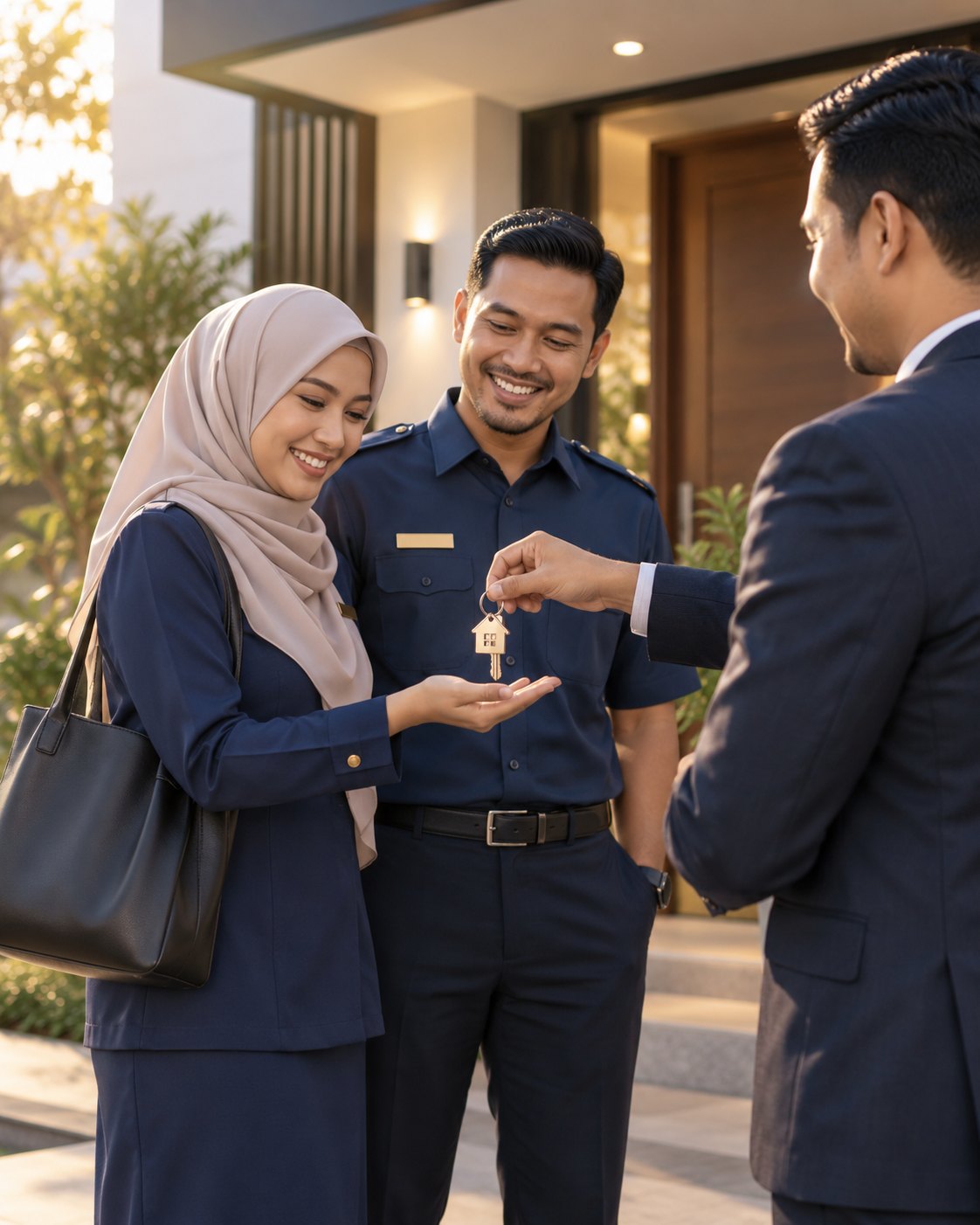 A civil servant couple in uniform receiving the keys to their new home