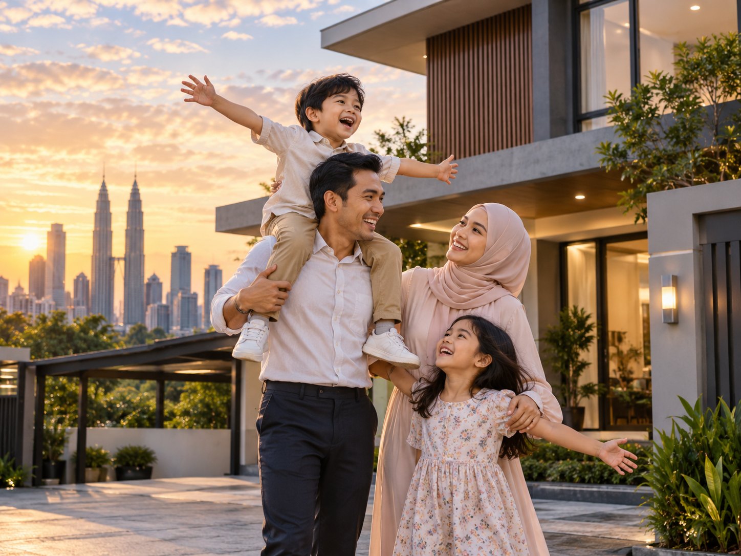 A Malaysian civil servant family in front of their new home at sunset