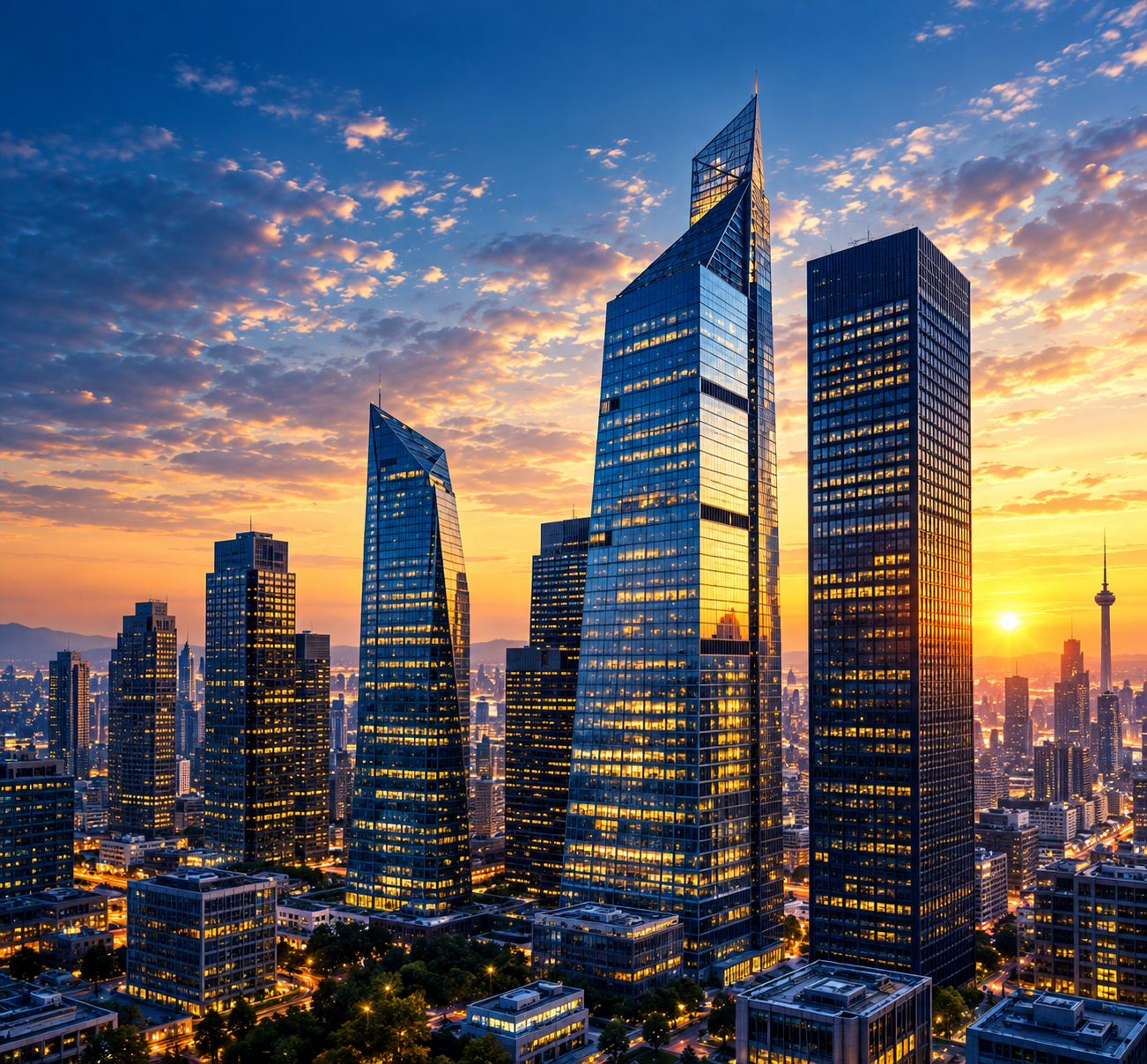 Financial district skyline at golden hour