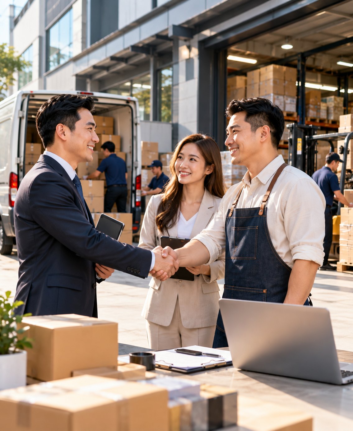 A Caliph Group advisor shaking hands with a Malaysian business owner at their warehouse