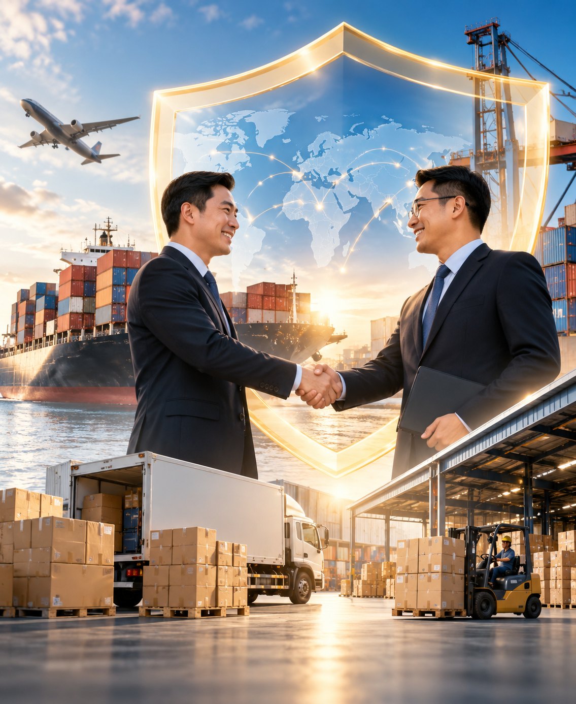 Two businessmen shaking hands under a protective shield over global trade, ships and cargo